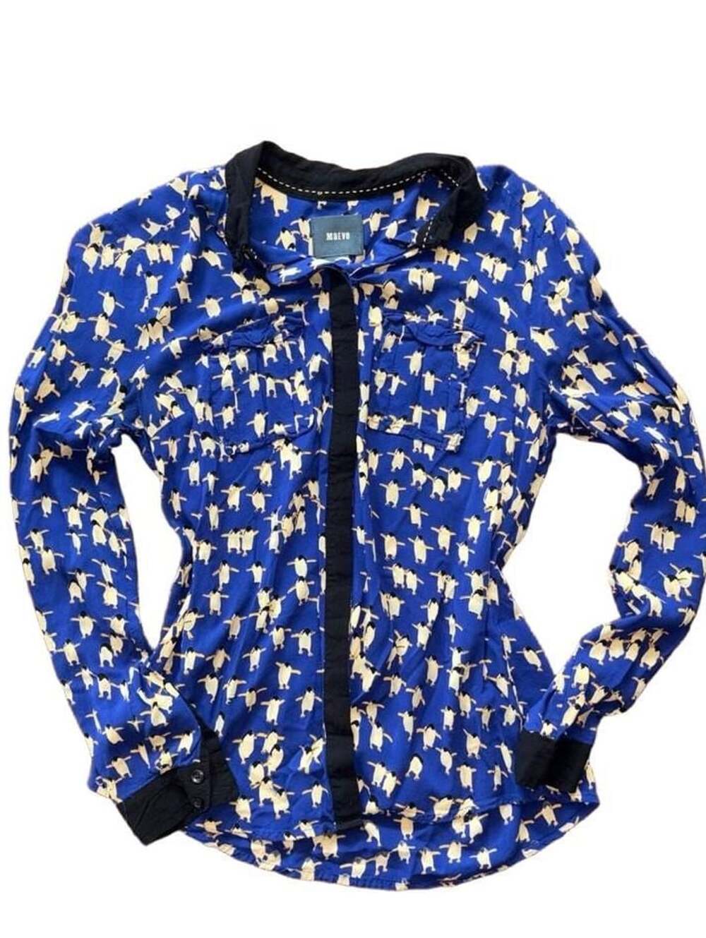 Maeve Button Down Shirt Size 2 Blue Penguin Print Long Sleeve Blouse